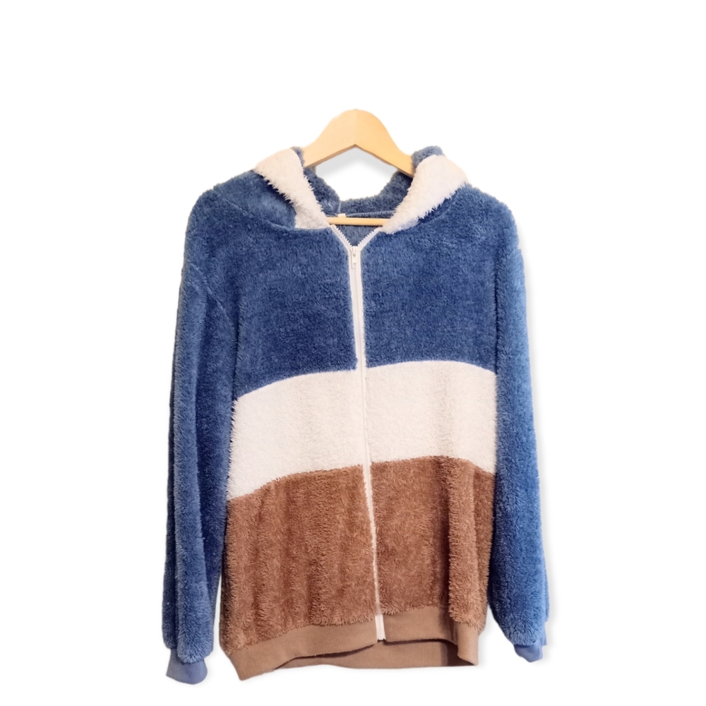 Women's plush color block brown hoodie jacket - Picture 1 of 5